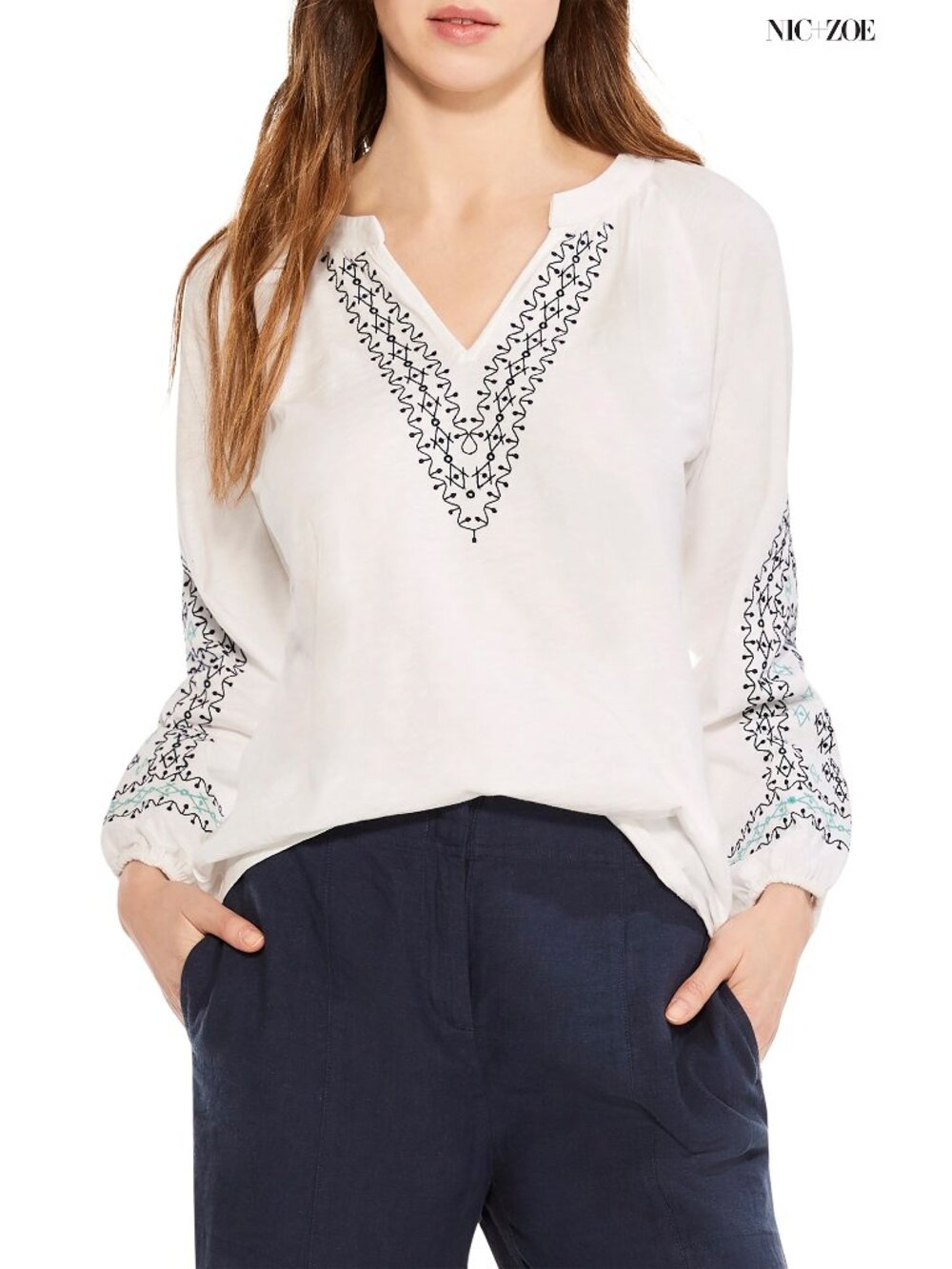 NIC+ZOE NWT EMBROIDERED SOLSTICE COTTON WHITE MULTI BLOUSE. SIZE S